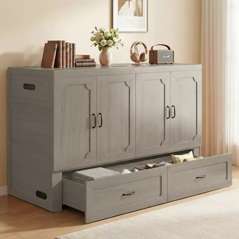 Lit armoire escamotable convertible Mjkone Queen Size avec chargement USB, tiroirs de rangement, matelas non inclus