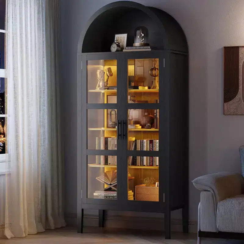 Meuble de rangement, Noir/Blanc, Style Arqué, Simple, 71 po de hauteur avec lumières DEL et portes vitrées