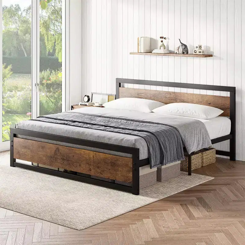 Cadre de lit robuste avec tête et pied de lit, plateforme métallique avec rangement de 35 cm, sans bruit et assemblage sans outils, marron vintage