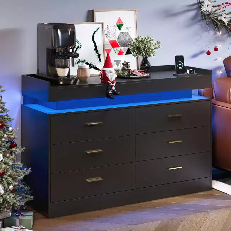 Meuble TV moderne avec 6 tiroirs et lumières LED, bar à café flottant pour centre de divertissement de salon