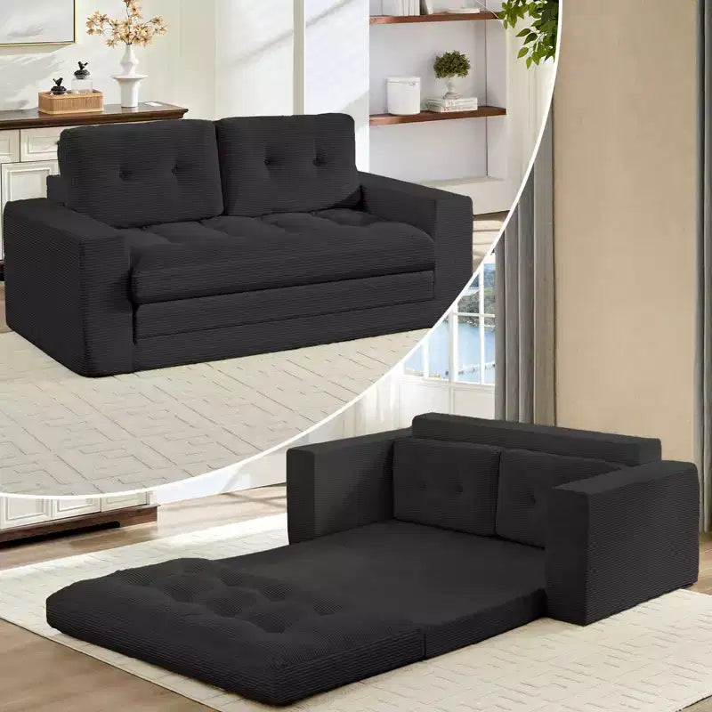 Mjkone Canapé-Lit Futon Convertible 2-en-1 180 cm, Canapé Deux Places Pliable en Tissu Côtelé avec Boutons Touffetés, Idéal pour Petits Espaces