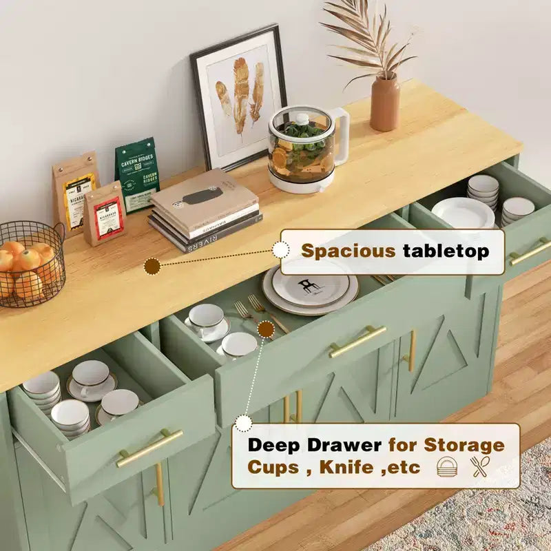 Buffet de cuisine Celebalcony avec rangement, grand buffet de cuisine de 135,6 cm avec 3 tiroirs et 4 portes, étagère réglable pour cuisine, salon