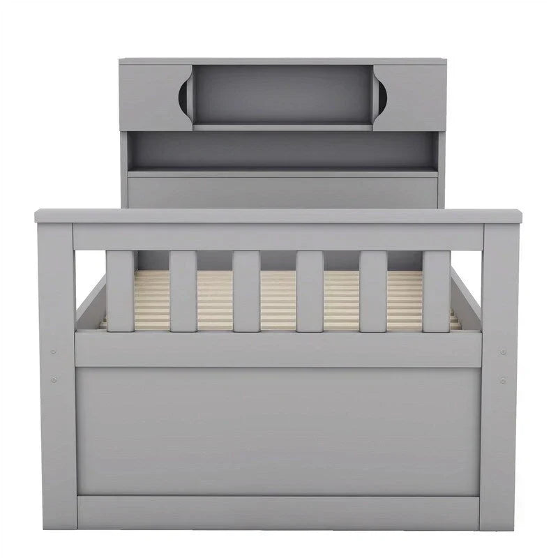Lit plateforme capitaine double/grand avec 4 tiroirs et étagères de rangement, cadre de lit en bois massif avec tête de lit bibliothèque de rangement