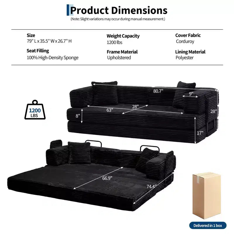 80,7 Canapé-lit convertible 5-en-1 – Corduroy, 1200 lbs, Aucun assemblage requis