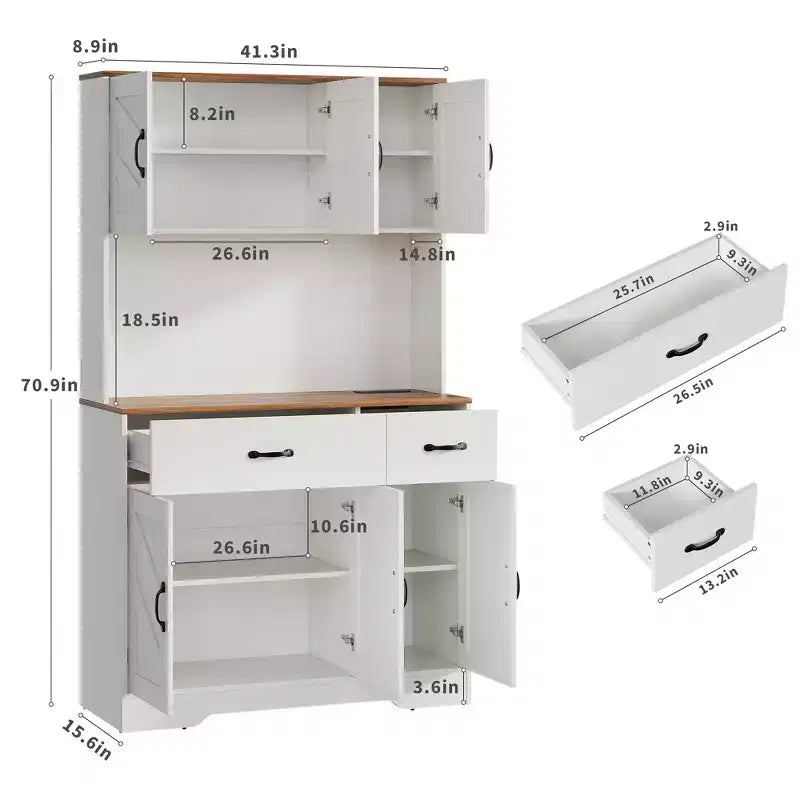 Meuble de cuisine de 71 pouces avec station de recharge, grand plan de travail, support à micro-ondes et 2 tiroirs, rangement de type « hutch » pour salle à manger et salon