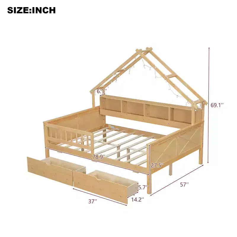 Cadre de lit maison pleine grandeur avec tiroirs, lit plate-forme maison avec lumières LED, étagères de rangement et tiroirs, lit de repos en bois avec toit et garde-corps