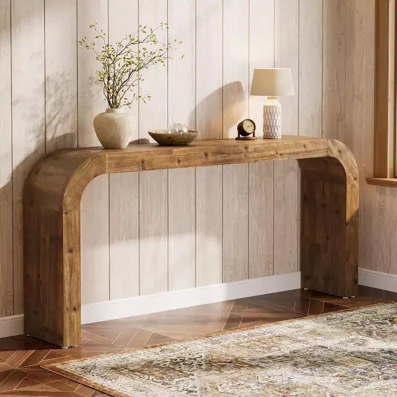 Table console en bois massif Lantine de 180 cm, table de canapé style ferme avec coins cascade pour entrée, salon, derrière le canapé, bois naturel