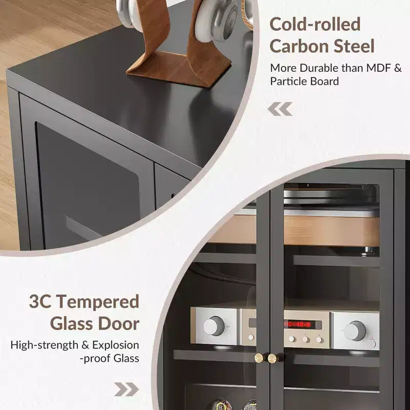 Meuble de rangement pour médias Bekrvio Metal, meuble stéréo à 4 niveaux avec portes en verre et étagères réglables, support audio AV avec gestion des câbles