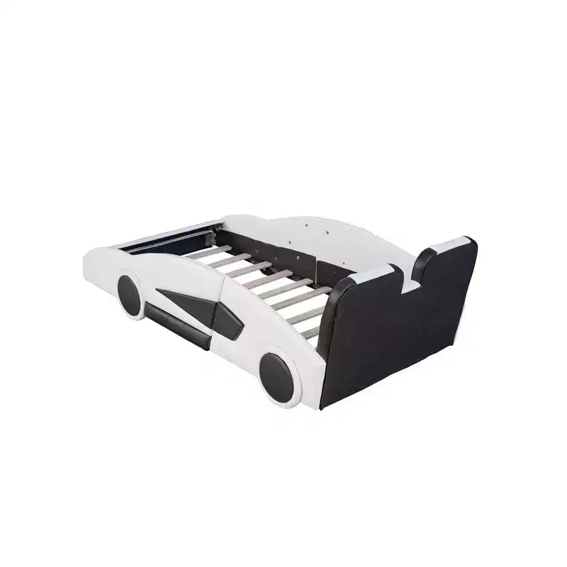 Lit plateforme Whisen Wood en forme de voiture de course, taille double, avec LED et dossier rembourré