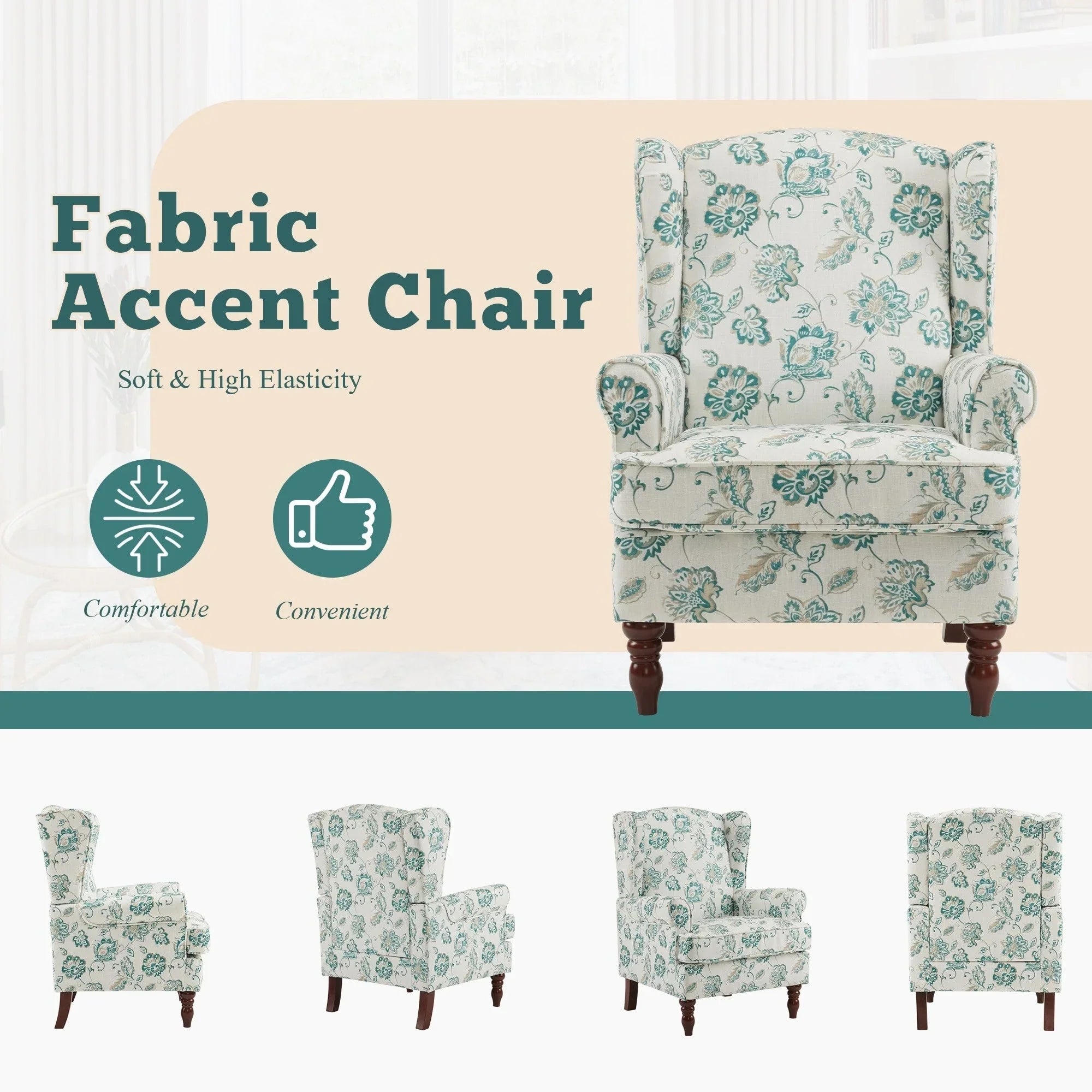 Fauteuil d'appoint moderne Erommy, fauteuil à dossier haut, canapé simple en tissu rembourré avec boutons et pieds en bois pour salon
