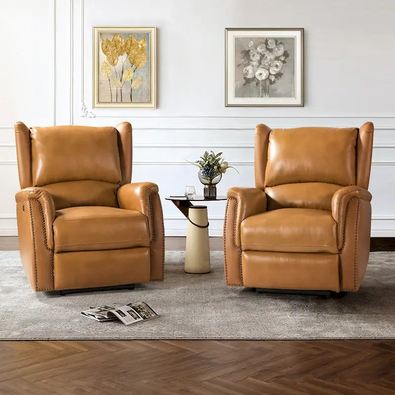 Fauteuil inclinable électrique en cuir véritable avec port USB – Dossier à oreilles clouté, ensemble de 2