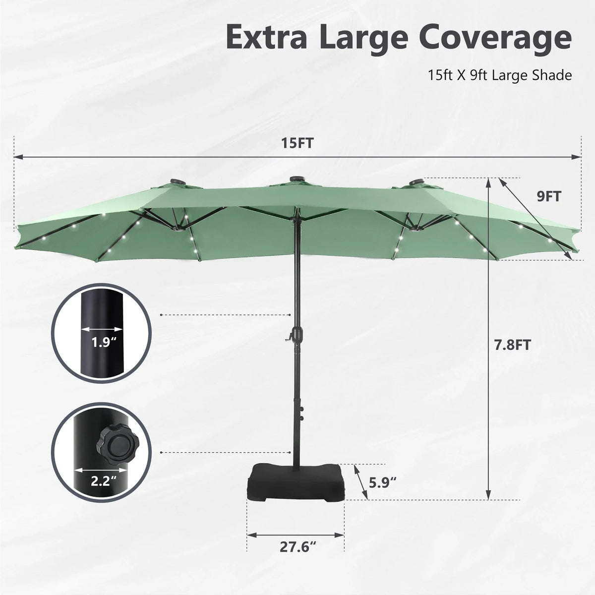 MAISON ARTS Parasol excentré rectangulaire de 4,5 m avec manivelle, parasol de marché double face d'extérieur avec lumières LED solaires et base incluse