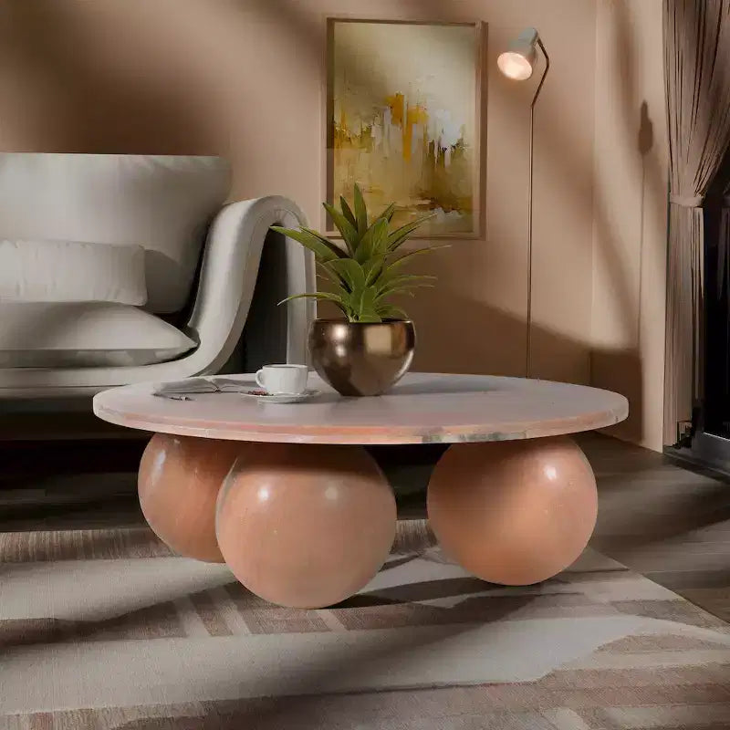 Table basse ronde en marbre avec pieds sphériques, multicolore, 4 places