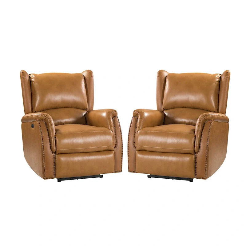 Fauteuil inclinable électrique en cuir véritable avec port USB – Dossier à oreilles clouté, ensemble de 2