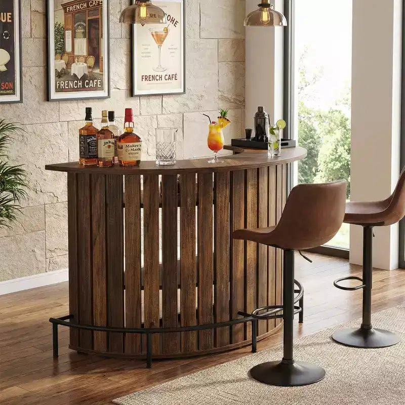 Mini-bar de rangement 4 niveaux en forme d'arc, table de bar à la maison rustique moderne avec repose-pieds et construction en MDF