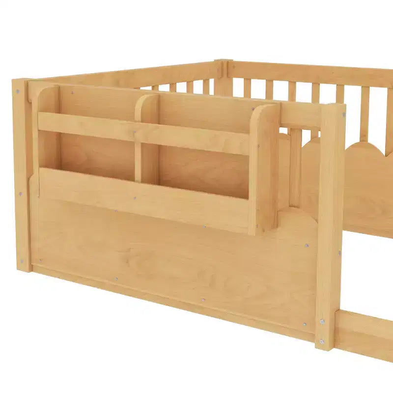 Lit d'enfant Bellemave avec clôture rehaussée et étagère, cadre de lit Montessori double en bois pour filles et garçons