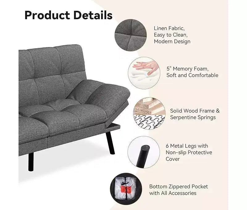 Canapé-lit futon convertible avec dossier réglable et accoudoirs amovibles