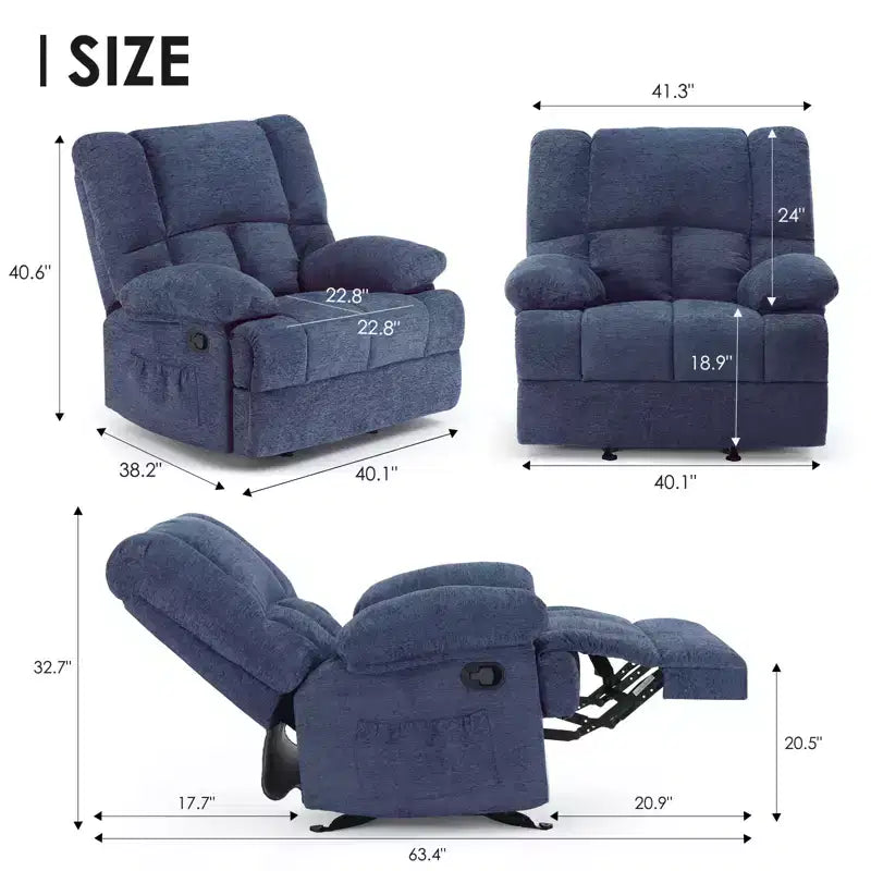 Fauteuil inclinable à bascule surdimensionné bleu avec revêtement en chenille