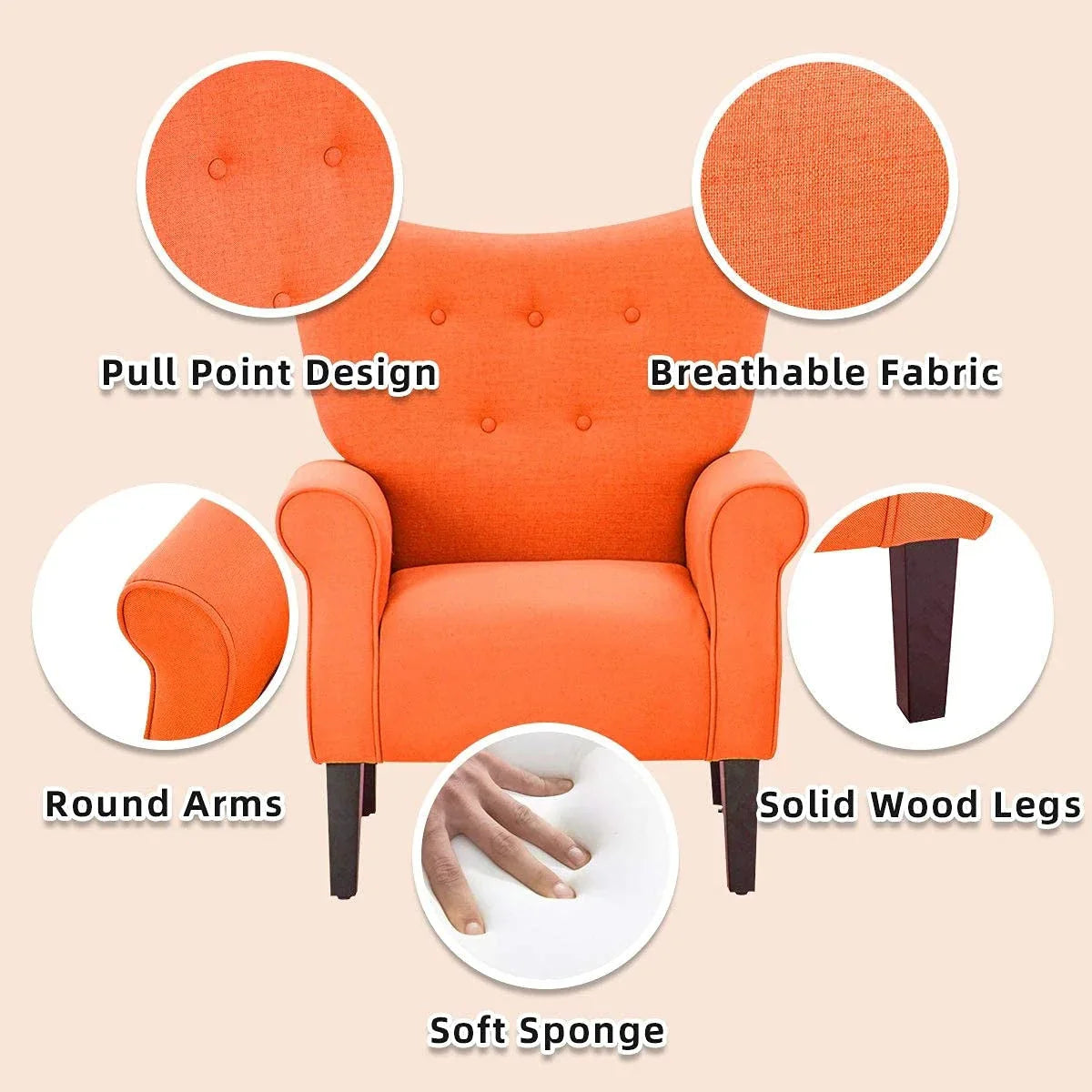 Fauteuil d'appoint moderne Erommy, fauteuil à dossier haut, canapé simple en tissu rembourré avec boutons et pieds en bois pour salon