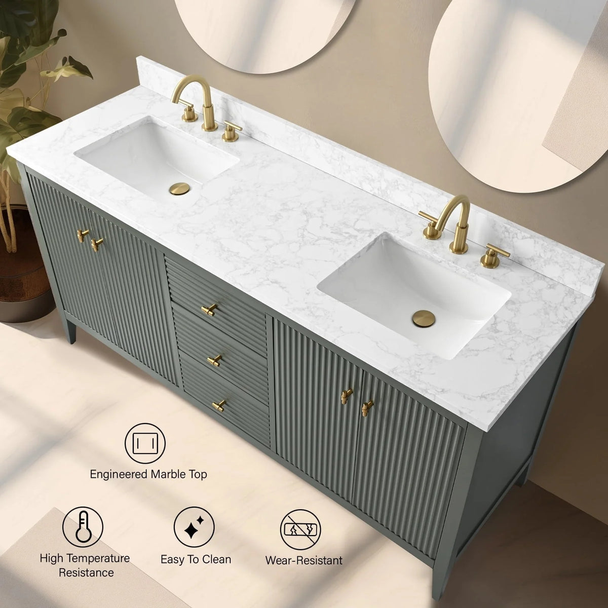 Meuble-lavabo de salle de bain Vanity Art 72 po à double vasque avec dessus en marbre reconstitué