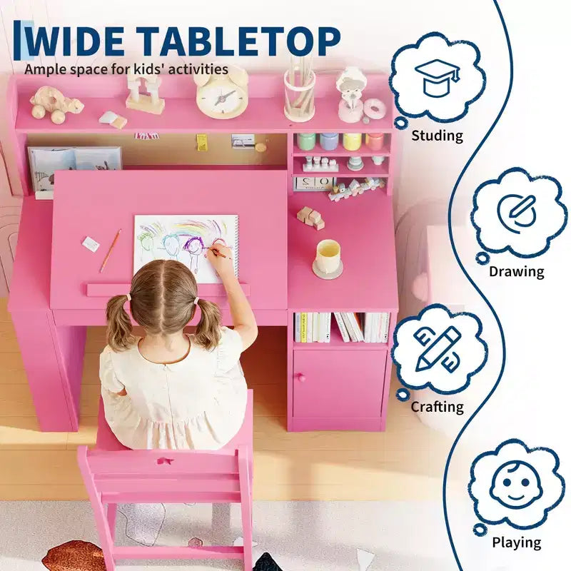Bureau et chaise d'étude pour enfants avec rangement, bureau d'étude pour enfants avec étagère supérieure et inclinable, pour les 3-8 ans, table d'écriture pour chambre d'enfant