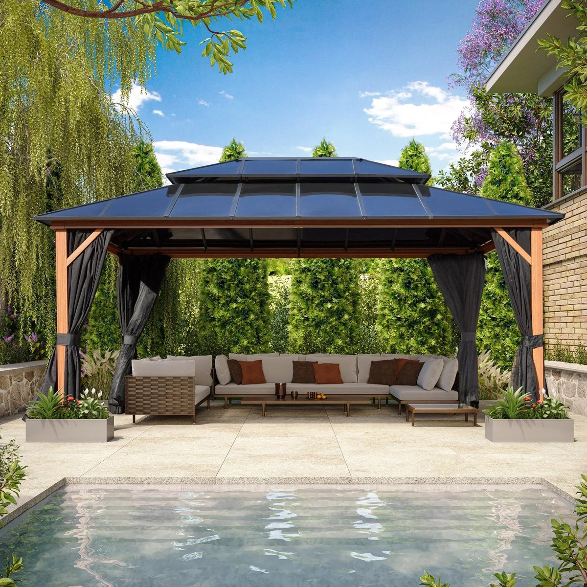 Tonnelle EROMMY à toit rigide, pergola extérieure avec double toit, moustiquaire et rideaux, auvent robuste pour patio, jardin, fête au bord de la piscine