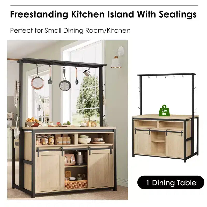 Îlot de cuisine, étagère de boulanger avec porte coulissante de grange, grande table îlot de cuisine de 106 cm avec support micro-ondes à 3 niveaux, étagères de four, ensemble table de bar à café