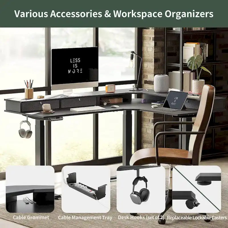 Bureau d'angle électrique debout avec 3 tiroirs et roulettes verrouillables, 160