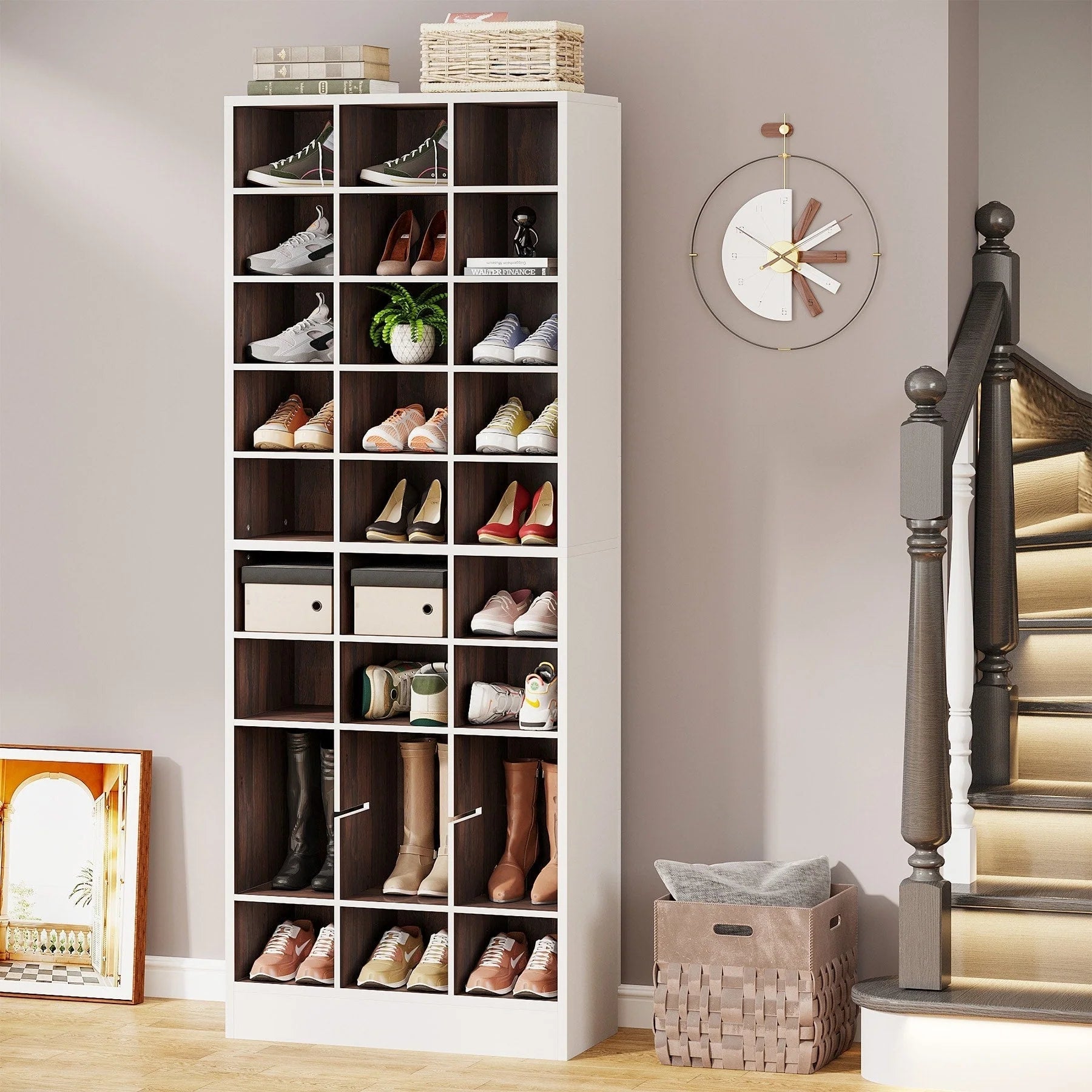 Meuble à chaussures haut 30 paires, étagère de rangement à chaussures en bois blanc 10 niveaux pour placard, entrée - 10 niveaux