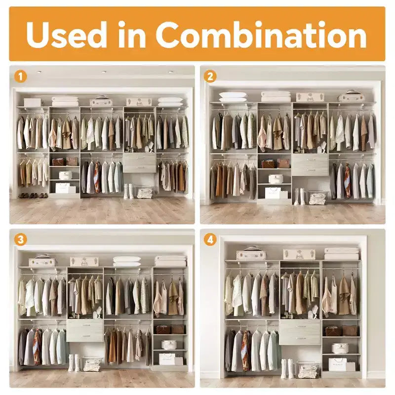 Système de Rangement Autoportant avec 8 Barres de Penderie et Tiroirs, Organisateur de Placard Suspendu avec 10 Étagères