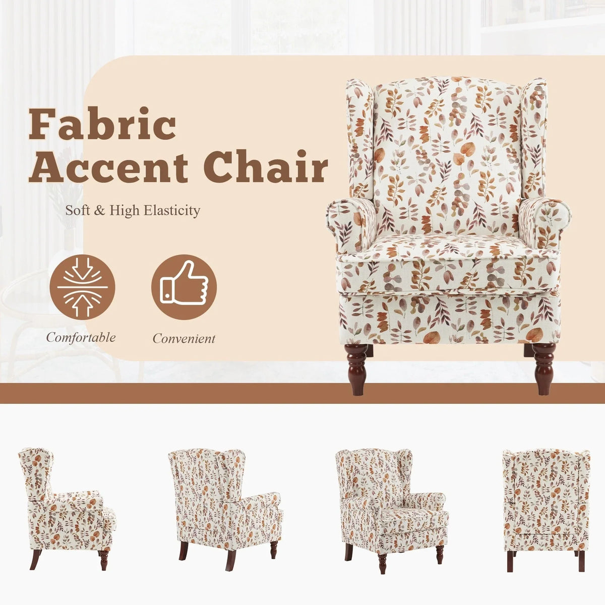 Fauteuil d'appoint moderne Erommy, fauteuil à dossier haut, canapé simple en tissu rembourré avec boutons et pieds en bois pour salon