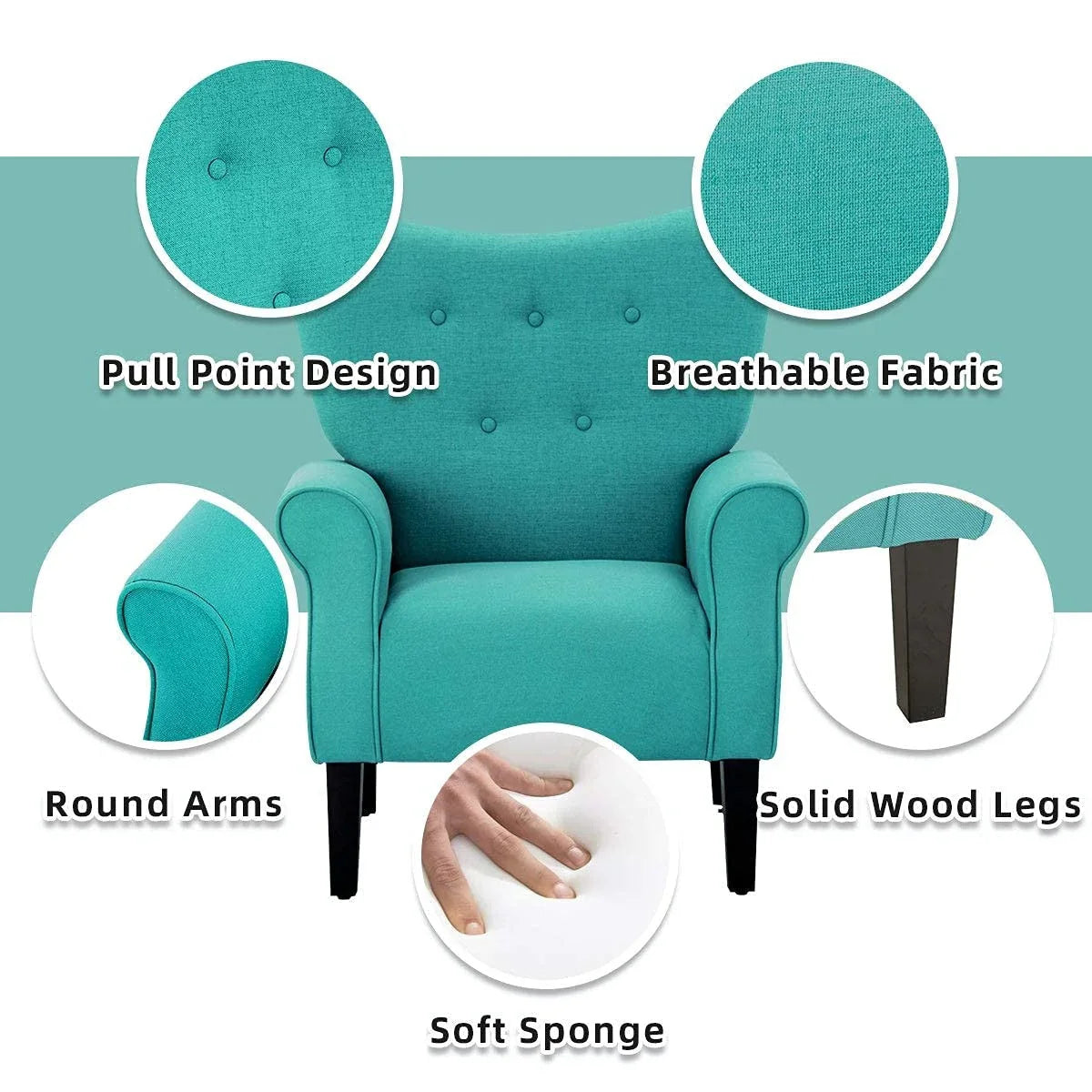 Fauteuil d'appoint moderne Erommy, fauteuil à dossier haut, canapé simple en tissu rembourré avec boutons et pieds en bois pour salon