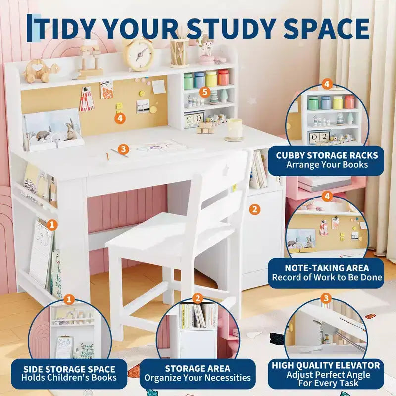 Bureau et chaise d'étude pour enfants avec rangement, bureau d'étude pour enfants avec étagère supérieure et inclinable, pour les 3-8 ans, table d'écriture pour chambre d'enfant