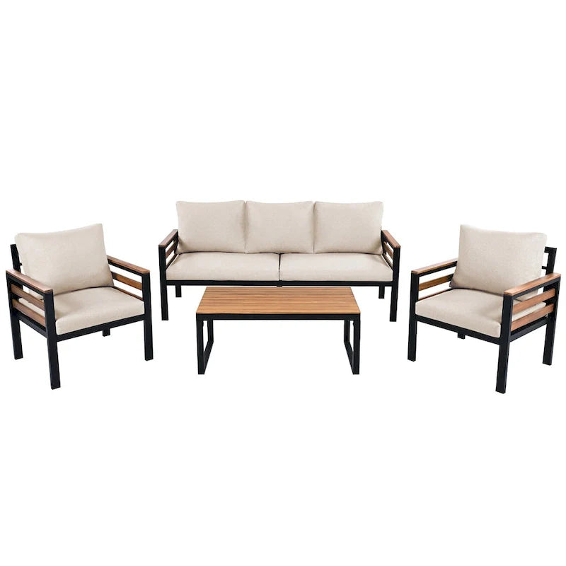 Ensemble de canapés d'extérieur 4 pièces pour 5 personnes avec table basse en bois massif et coussins amovibles