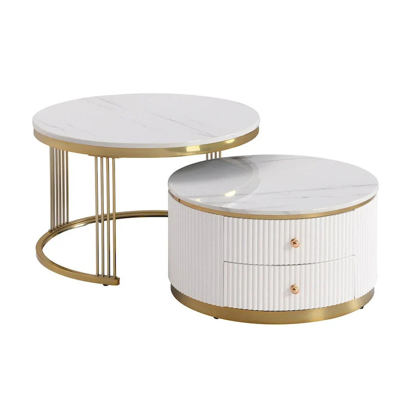 2 tables basses gigognes rondes blanches avec tiroirs