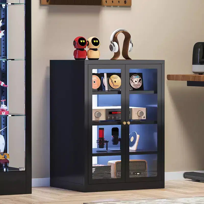Meuble de rangement pour médias Bekrvio Metal, meuble stéréo à 4 niveaux avec portes en verre et étagères réglables, support audio AV avec gestion des câbles