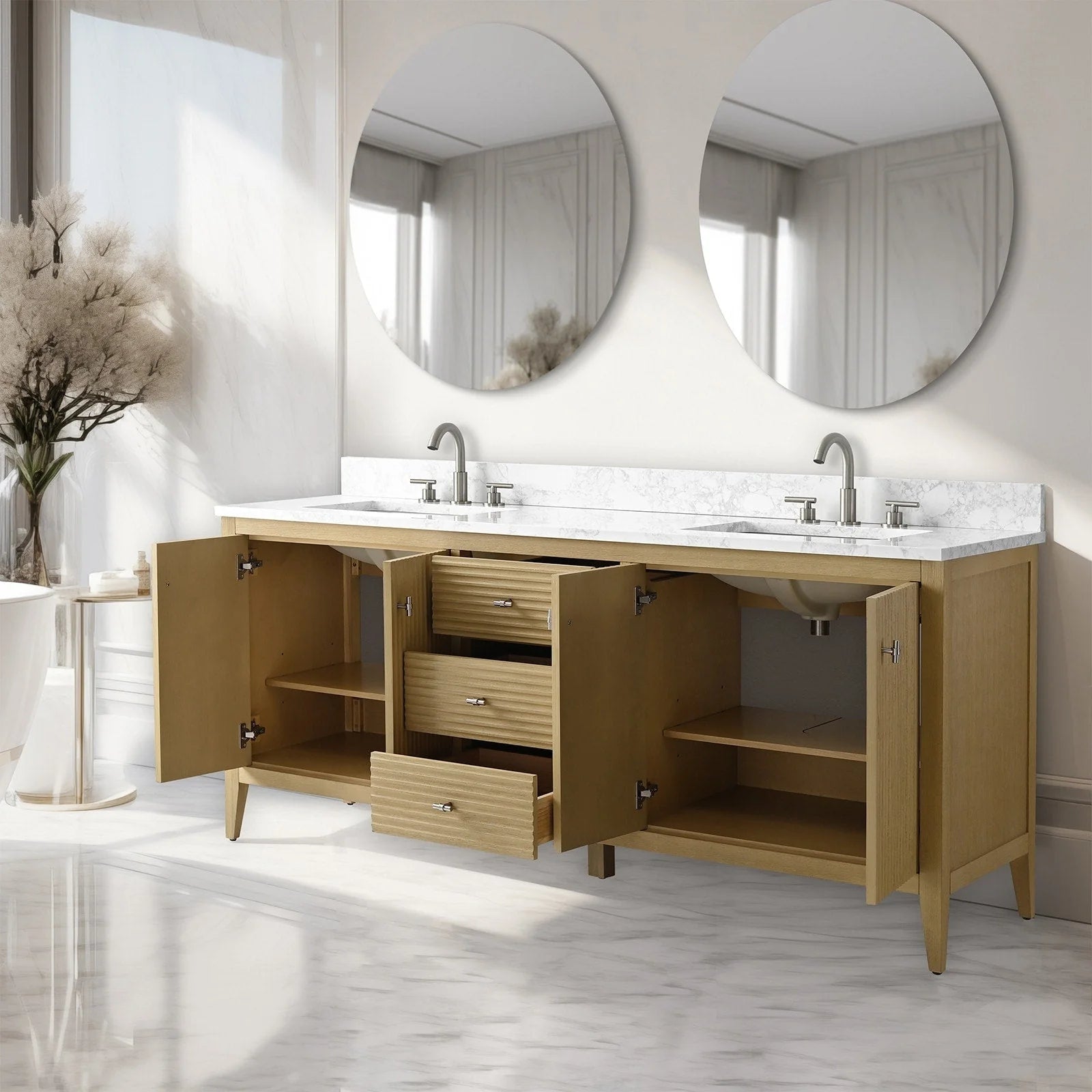 Meuble-lavabo de salle de bain Vanity Art 72 po à double vasque avec dessus en marbre reconstitué