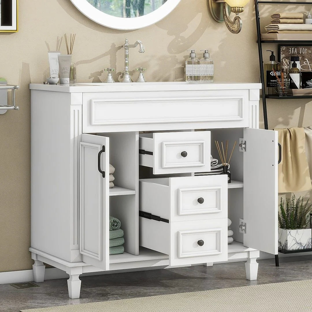 Meuble-lavabo de salle de bain moderne de 91 cm avec lavabo et armoire de toilette, 2 portes et 2 tiroirs