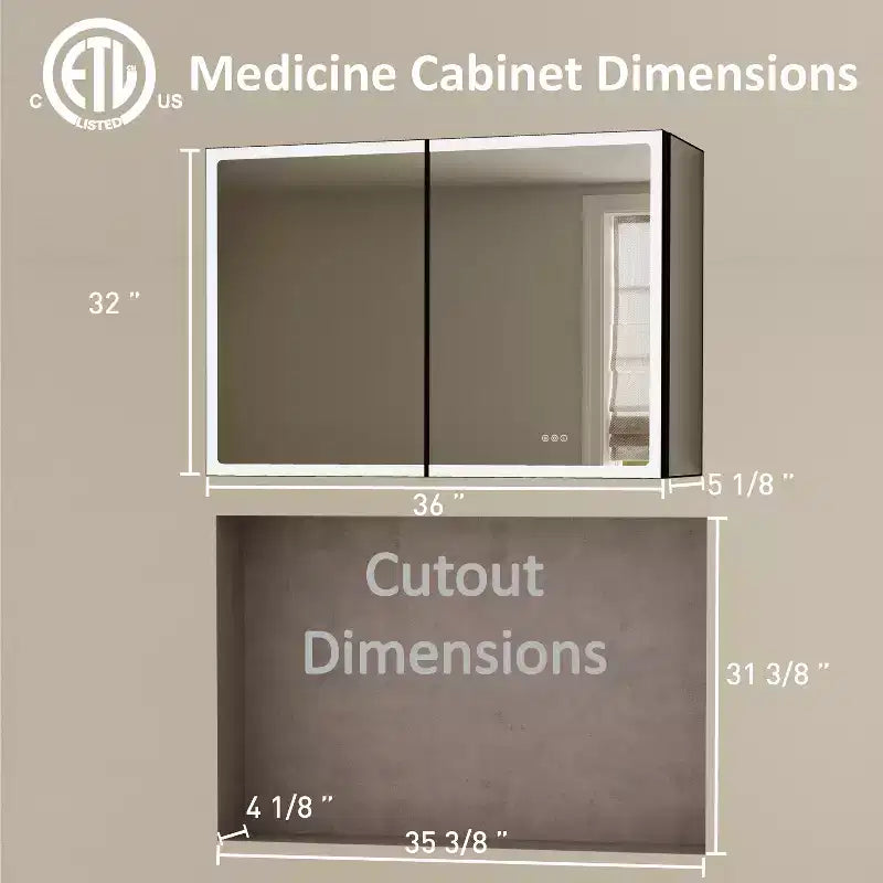 Armoire de toilette avec miroir LED, montage en saillie ou encastré, lumière dimmable, anti-buée, étagères réglables