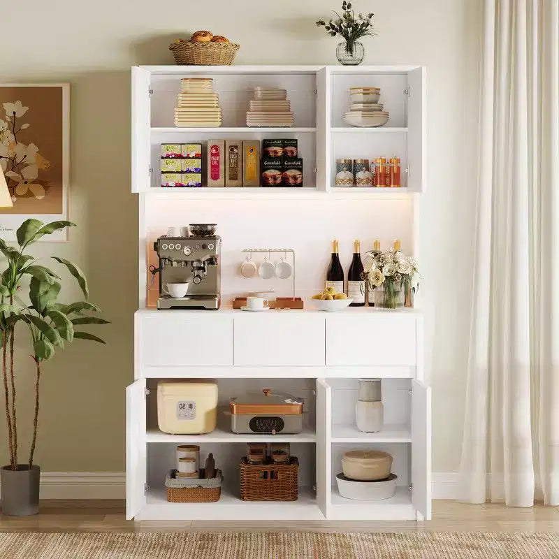 Armoire de cuisine de 71 pouces, vaisselier avec lumières LED et prises de courant, buffet avec support pour micro-ondes, étagères réglables