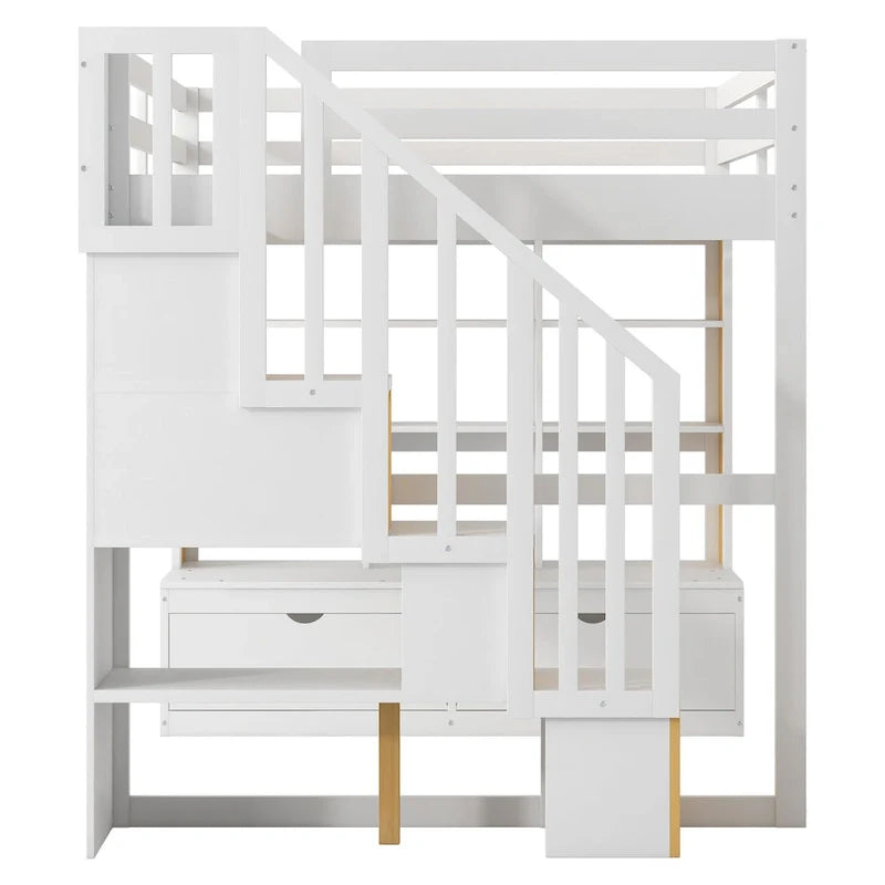 Lit mezzanine en bois massif naturel et blanc avec bureau et tiroirs