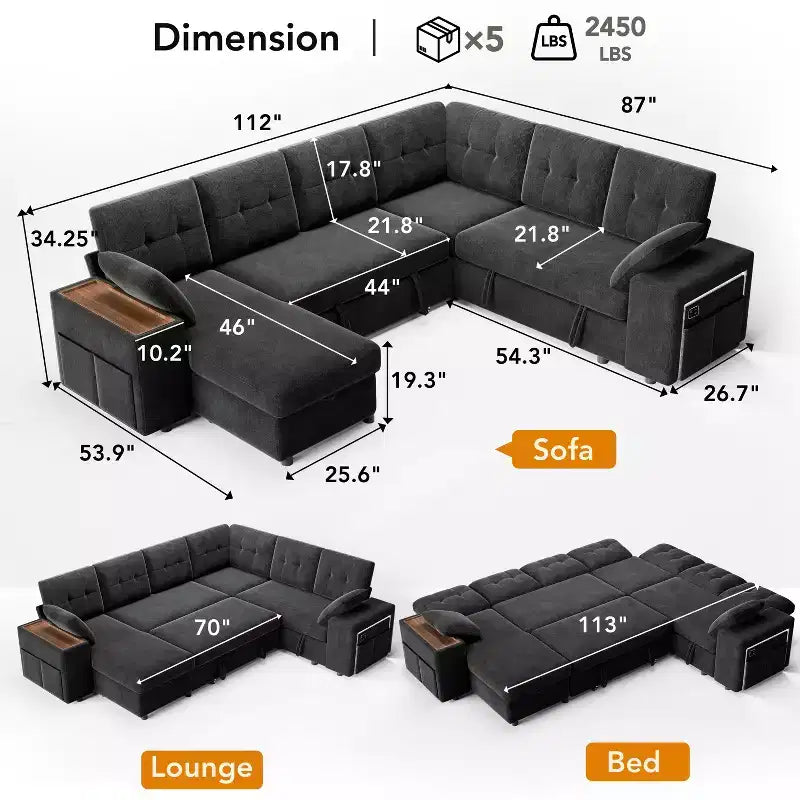 Dyonery 112 Canapé modulaire convertible avec lit gigogne, canapé d'angle en U avec rangement, canapés extra larges et profonds pour salon