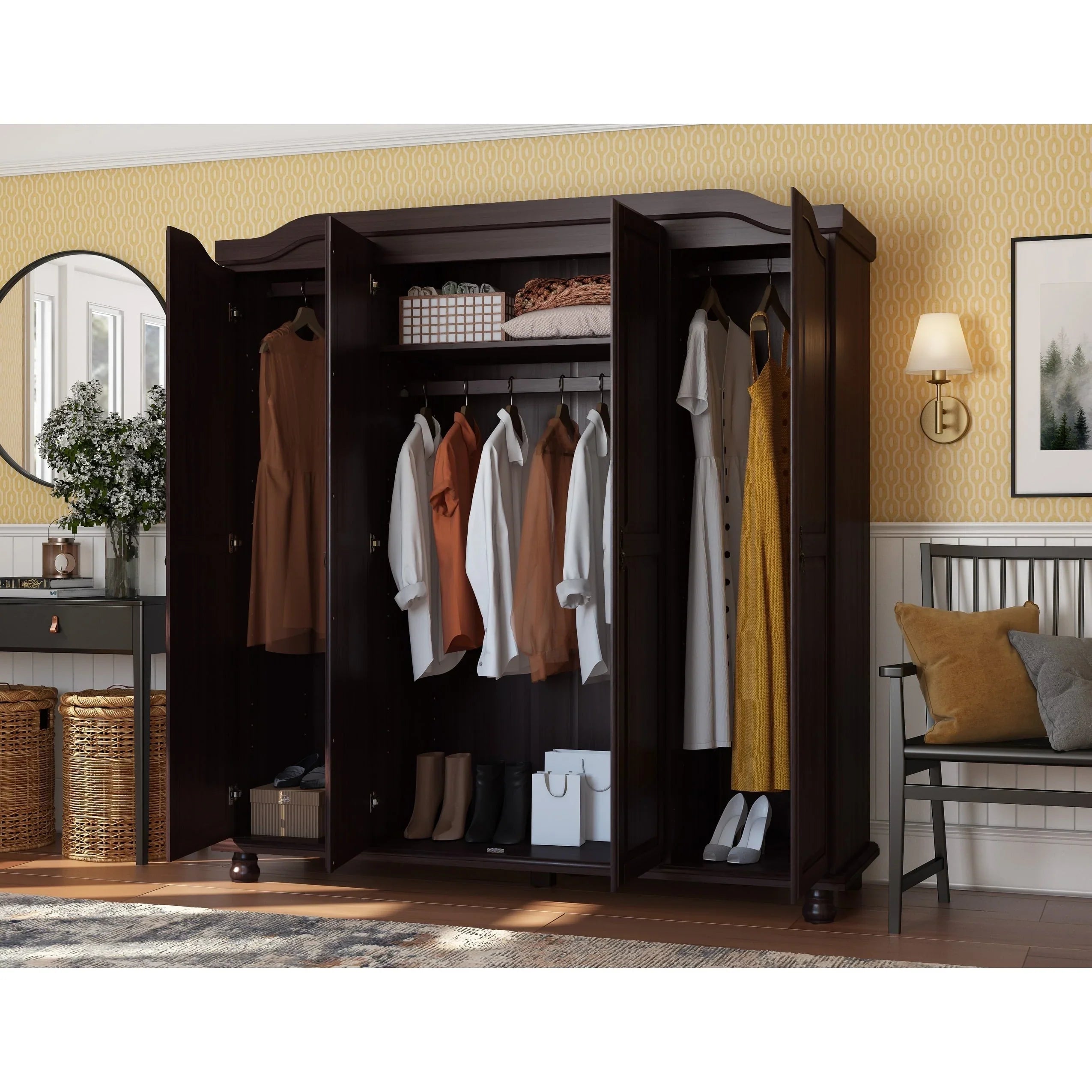 Palace Imports Kyle Armoire 4 portes 100 % en bois massif avec portes en bois massif ou portes miroir