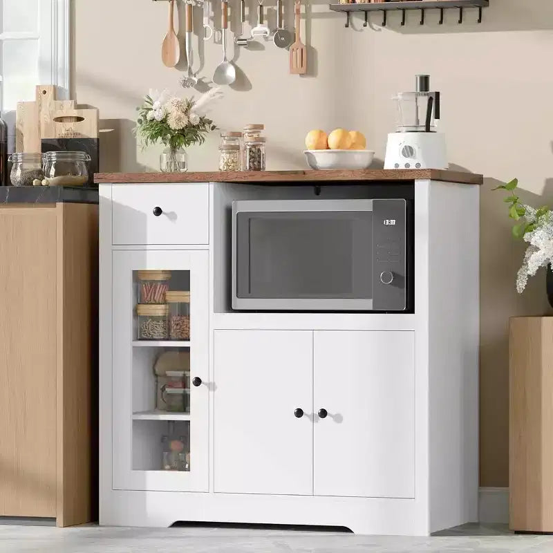 Meuble de rangement pour micro-ondes de cuisine avec 3 portes, 1 tiroir et étagères réglables, Armoire de rangement pour garde-manger
