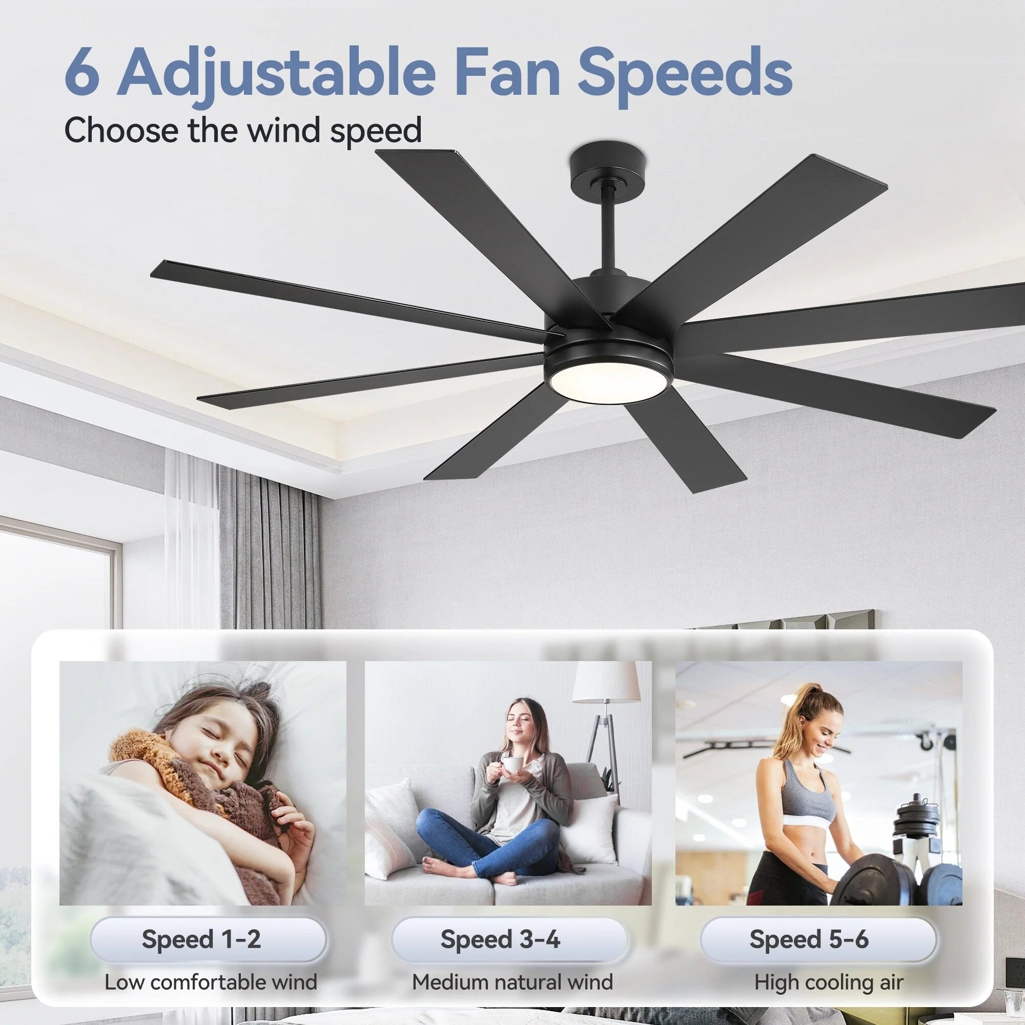 Ventilateur de plafond de 65 pouces à 8 pales noires avec lumière LED et télécommande
