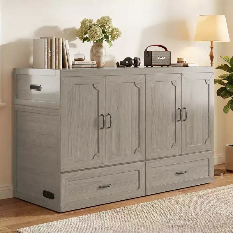 Lit armoire escamotable convertible Mjkone Queen Size avec chargement USB, tiroirs de rangement, matelas non inclus