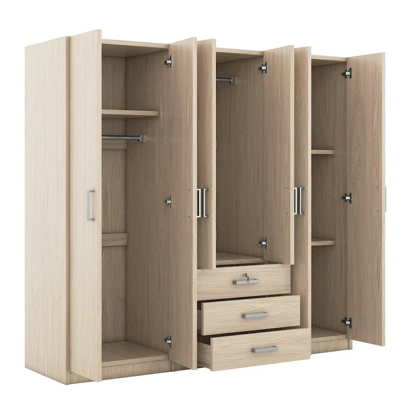 Armoire 6 portes en bois avec 3 grands tiroirs de rangement pour chambre à coucher