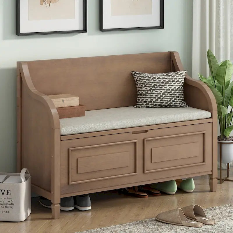 Banc de rangement rustique en bois massif pour entrée avec charnière de sécurité