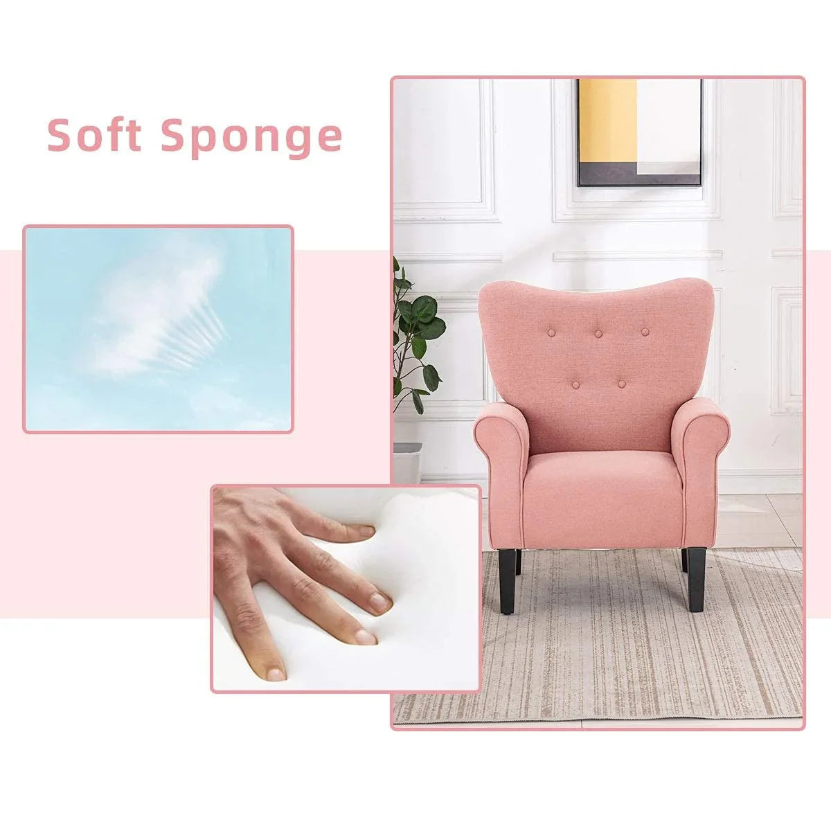 Fauteuil d'appoint moderne Erommy, fauteuil à dossier haut, canapé simple en tissu rembourré avec boutons et pieds en bois pour salon