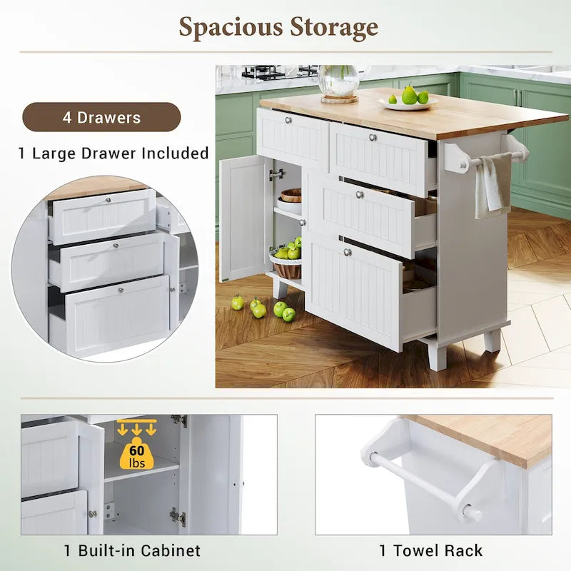 Ensemble d'îlot de cuisine TOPMAX avec abattant et 2 tabourets, ensemble de table à manger avec étagère réglable, tiroirs et porte-serviettes